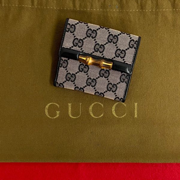 491a242936493 1 Gucci Bamboo GG Logo Leather Canvas Bifold Wallet Black