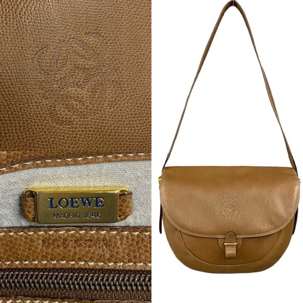 494a243171369 4 Loewe Anagram Logo Metal Leather Shoulder Tote Bag Brown