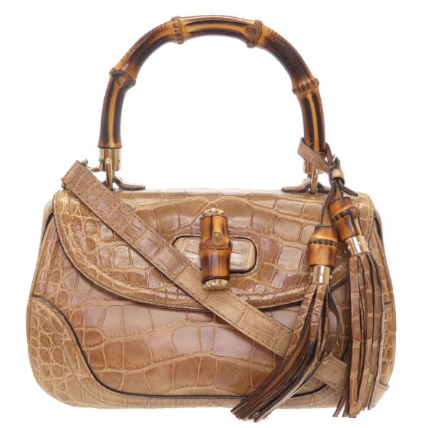 4f0109a6 1 Gucci Crocodile Bamboo 2WAY Handbag Beige Brown