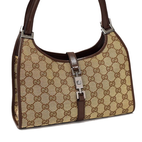 5000049884102985 1 Gucci Jackie GG Canvas Jacquard Leather Shoulder Bag Beige Dark Brown