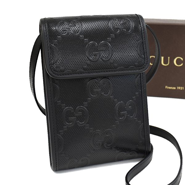 5000049884102991 1 Gucci Crossbody Shoulder Bag Pouch GG Embossed Leather Black