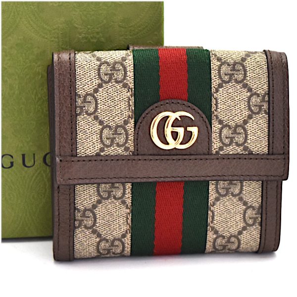 5000050889300362 1 Gucci W Hook Fold Wallet GG Supreme PVC Leather Brown Beige