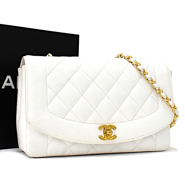 5000065884102074 1 CHANEL Chain Shoulder Bag Matelasse 25 Diana Flap Caviar Skin Leather White Gold Hardware