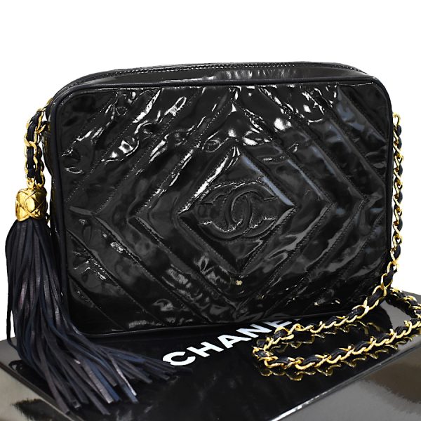 5000065884102505 1 CHANEL Chain Shoulder Bag Coco Mark Stitch Patent Leather Black