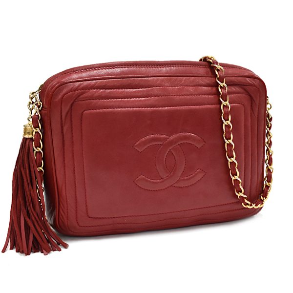 5000065884102698 1 CHANEL Chain Shoulder Bag Coco Mark Lambskin Leather Tassel Red