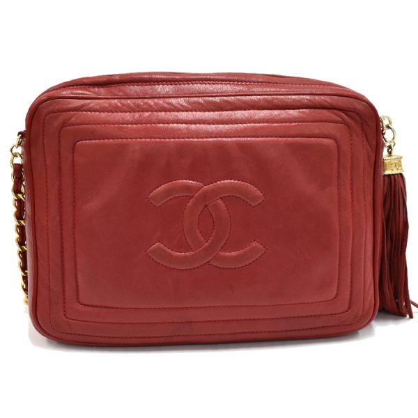 5000065884102698 3 CHANEL Chain Shoulder Bag Coco Mark Lambskin Leather Tassel Red