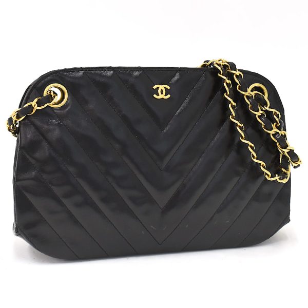 5000065884102799 1 CHANEL Chain Shoulder Bag V Stitch Chevron Leather Black