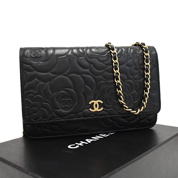 5000066884100398 1 CHANEL Camellia Chain Wallet Shoulder Bag Lambskin Leather Black