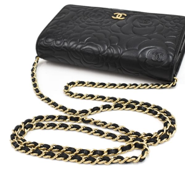 5000066884100398 7 CHANEL Camellia Chain Wallet Shoulder Bag Lambskin Leather Black