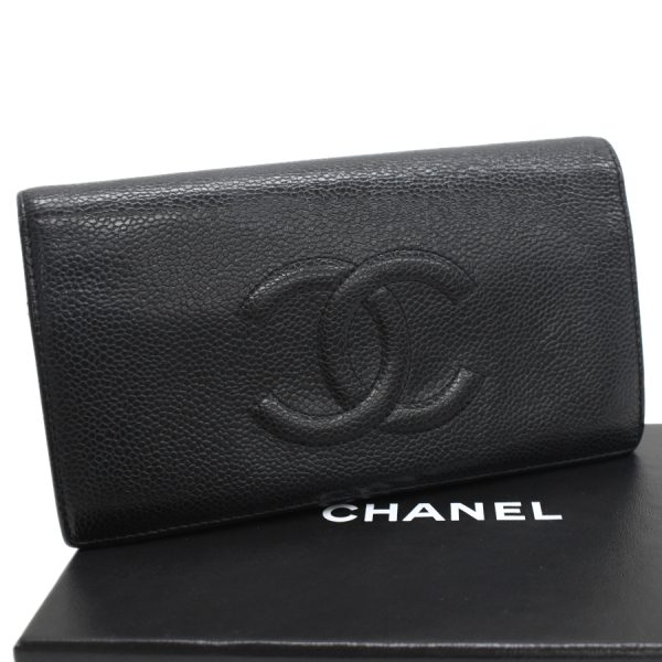 5000066884100400 1 CHANEL bi fold long wallet here mark caviar skin leather black