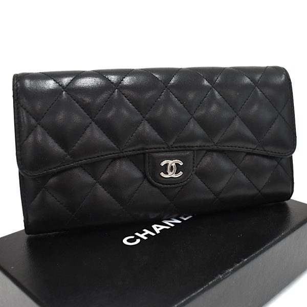 5000066884100404 1 CHANEL Matelasse Flap Long Wallet A80758 Lambskin Leather Black