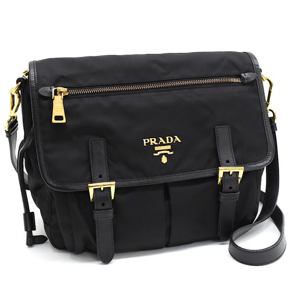 5000105884103349 1 Prada Shoulder Bag Crossbody Triangle Plate Triangle Logo Nylon Leather Black