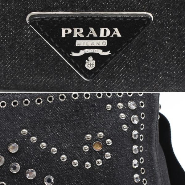 5000105884103408 9 Prada Canapa Mini Tote Bag Bijou BN2439 Denim Black Triangle Logo Plate