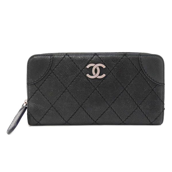 50123 1 Chanel Long Wallet Round Zipper Bifold Caviar Skin Matelassé Black