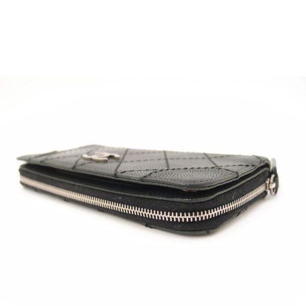 50123 3 Chanel Long Wallet Round Zipper Bifold Caviar Skin Matelassé Black