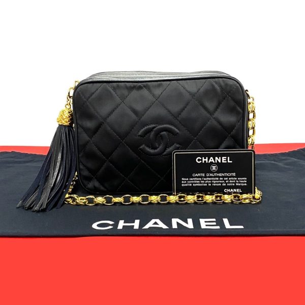 502a243642305 1 Chanel Matelasse Coco Mark Tassel Lambskin Satin Shoulder Bag Black