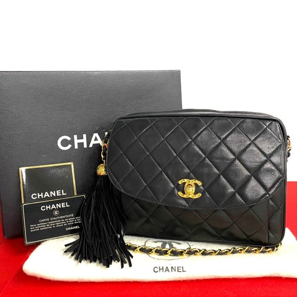 502a243753080 1 Chanel Matelasse Coco Mark Fringe Lambskin Chain Shoulder Bag Black