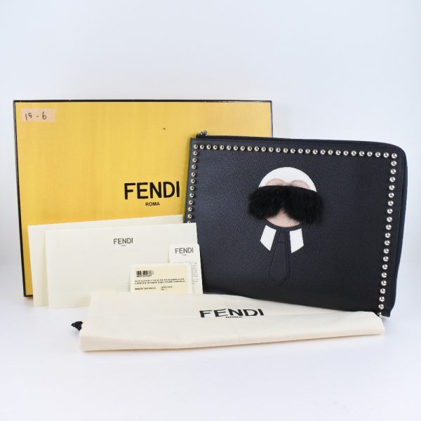 51140307 1 FENDI Carlito Flat Clutch Bag Studs Leather Zipper