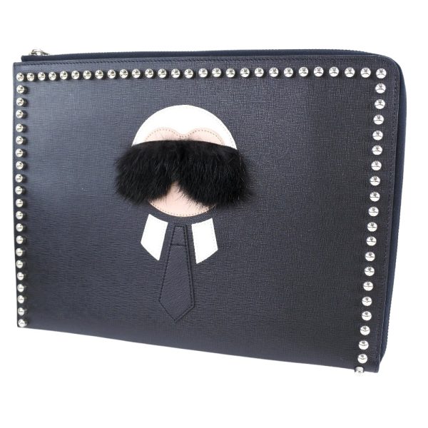 51140307 11 FENDI Carlito Flat Clutch Bag Studs Leather Zipper