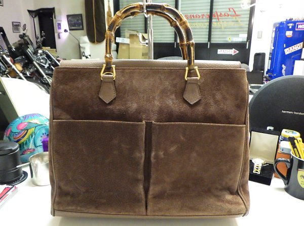 5238 1 Gucci Suede PVC Bamboo Handbag Brown