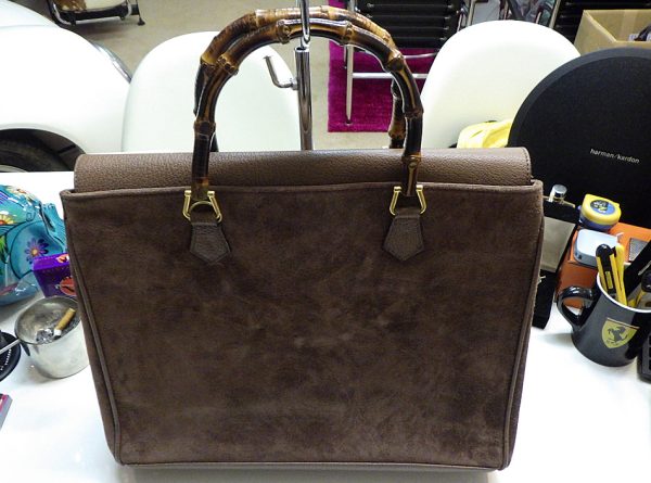 5238 2 Gucci Suede PVC Bamboo Handbag Brown