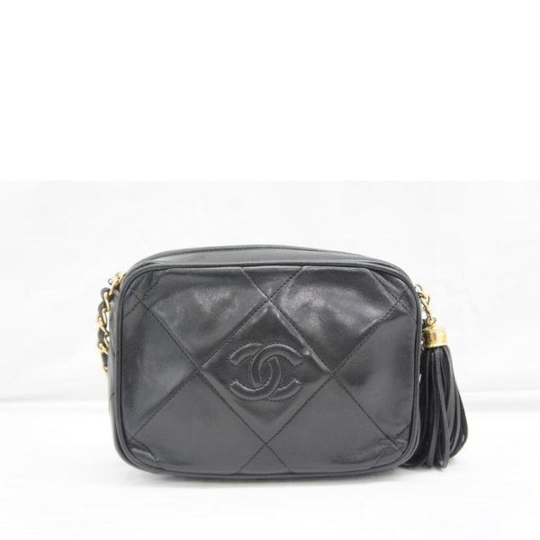 52381 2 Chanel Matelasse Fringe Leather Shoulder Bag Black