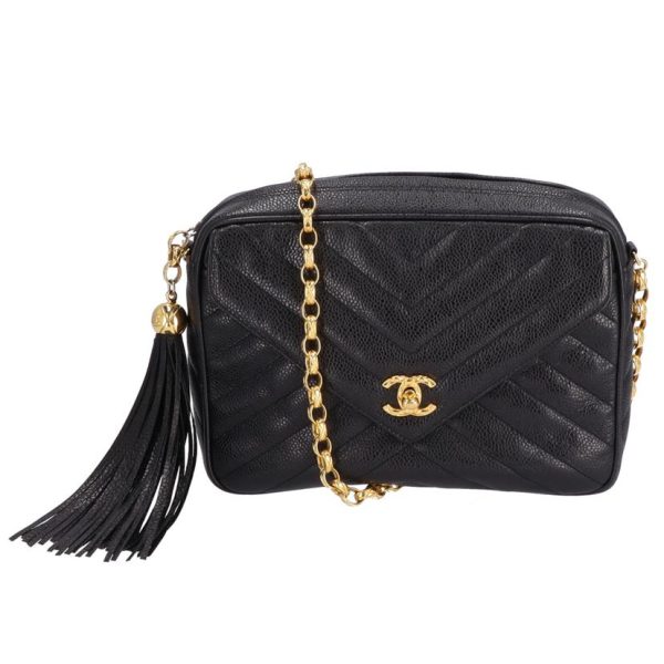 52788 1 Chanel V Stitch Fringe Bijou Chain Shoulder Bag Black