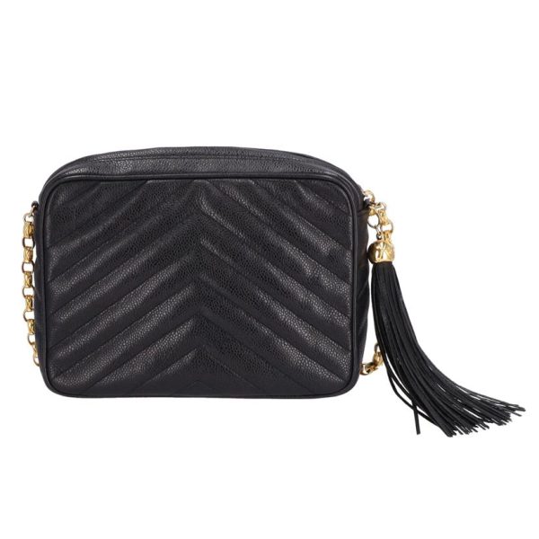 52788 2 Chanel V Stitch Fringe Bijou Chain Shoulder Bag Black