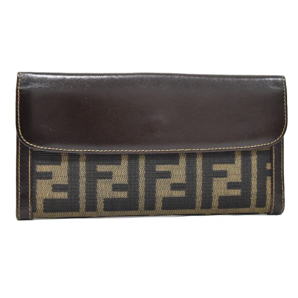 5300022884500005 1 Fendi Long Wallet Zucca Pattern W Hook Leather Beige Brown