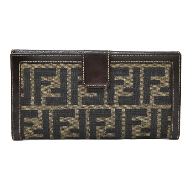 5300022884500005 3 Fendi Long Wallet Zucca Pattern W Hook Leather Beige Brown