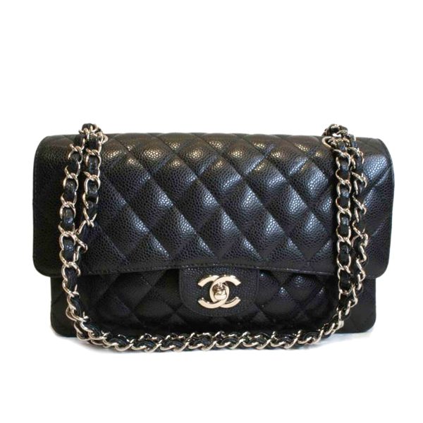 54133 1 Chanel Matelassé W Flap Chain Shoulder Bag Caviar Skin Black