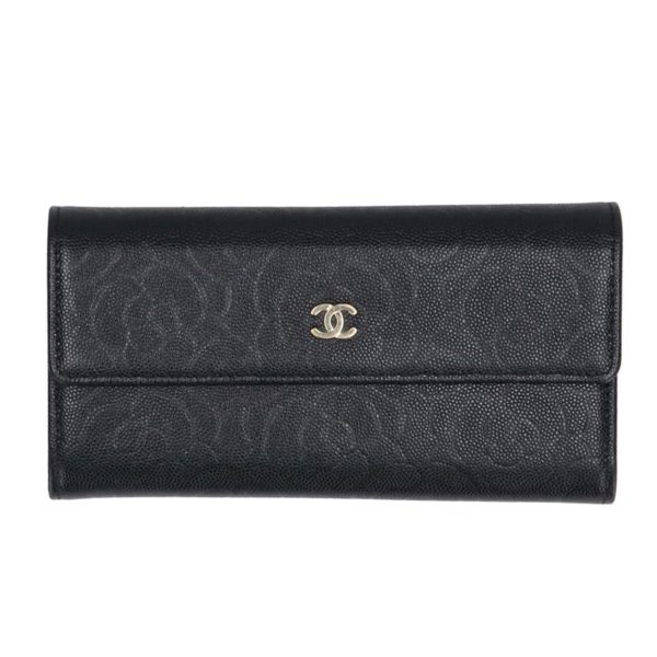 54966 1 Chanel Camellia Bi Fold Long Wallet Black