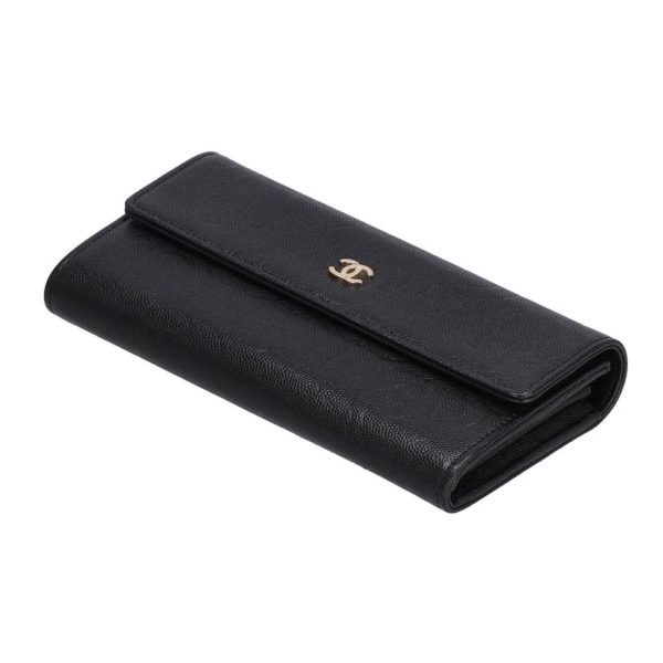 54966 3 Chanel Camellia Bi Fold Long Wallet Black