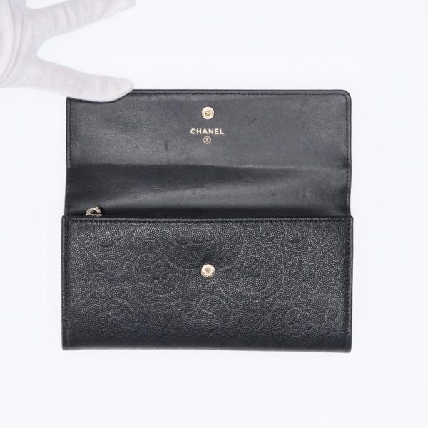 54966 7 Chanel Camellia Bi Fold Long Wallet Black