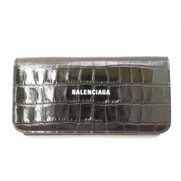 56010 1 Balenciaga Croc Embossed Leather Bi Fold Long Wallet Black