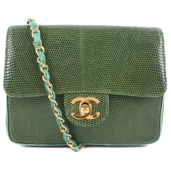 57190439 1 CHANEL Chain Shoulder Bag Mini Lizard Green Crossbody Turn Lock