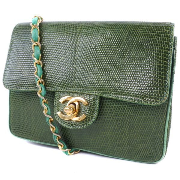 57190439 2 CHANEL Chain Shoulder Bag Mini Lizard Green Crossbody Turn Lock