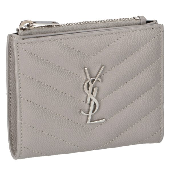 575879bow021723 Saint Laurent Paris Wallet Bifold Mini Monogram Zip Card Case Gray