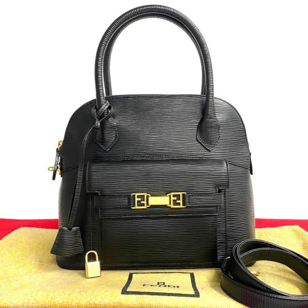 5apl 20413613 1 Fendi Vintage FF Epi Leather 2way Handbag Black