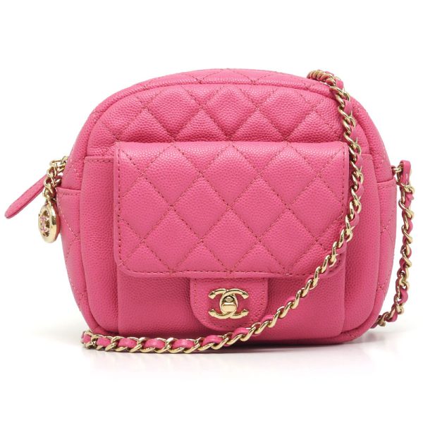 5h1887 1 CHANEL Mini Matelasse Chain Shoulder Bag Caviar Skin Coco Mark Pink