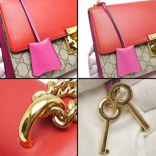 5sh1150 9 GUCCI Padlock Chain Shoulder Bag GG Supreme x Leather Red