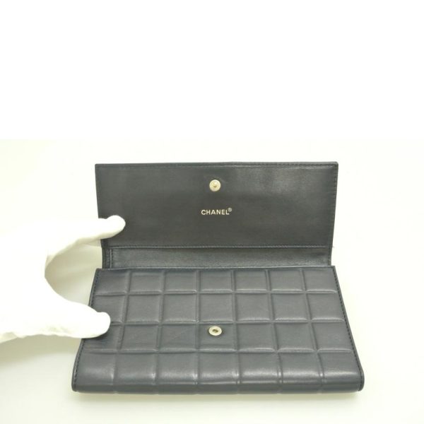 60331 4 Chanel Check Pattern Long Wallet Bag Navy Blue