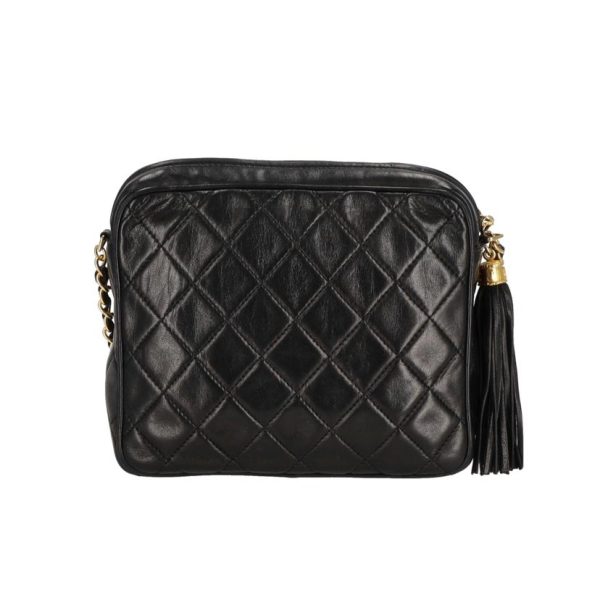 61107 2 Chanel Matelasse Fringe Chain Shoulder Bag Black