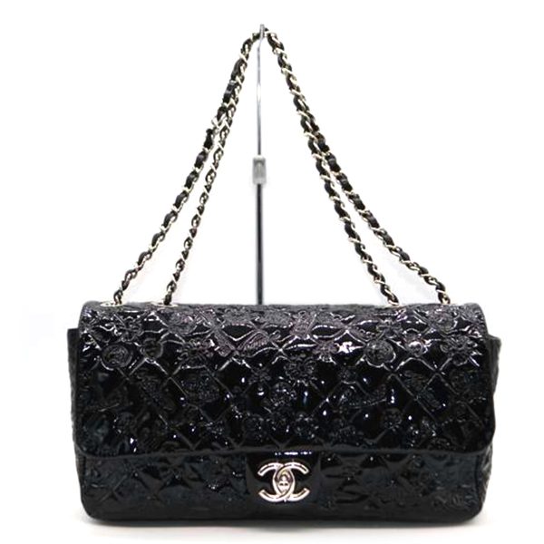 64493 1 Chanel Matelasse Icon Line W Flap Chain Shoulder Bag Black