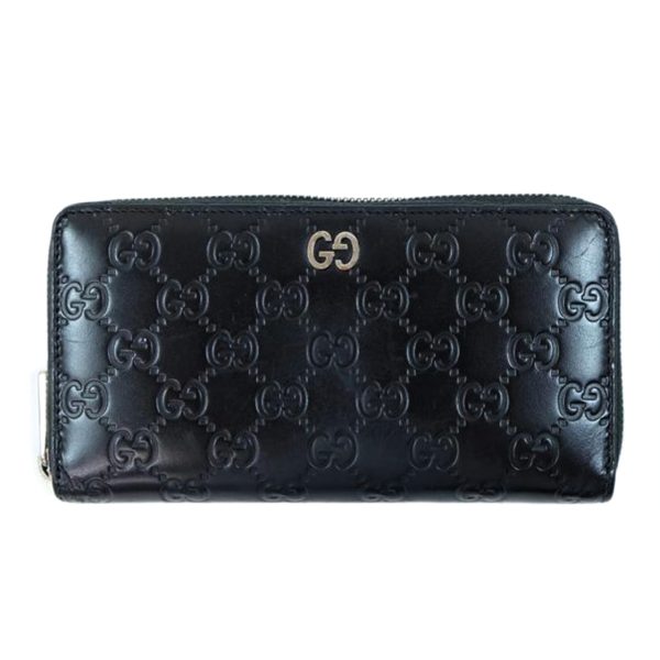 65237 1 Gucci Signature Leather Metal GG Round Zip Wallet Black