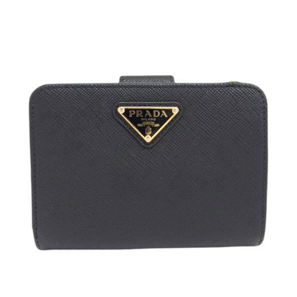 65375 1 Prada Saffiano Triangle Compact Wallet Bag Black