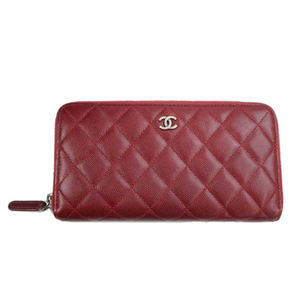 67090 1 Chanel Matelassé Caviar Skin Round Zipper Wallet Red