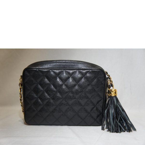 68754 2 Chanel Cocomark Fringe Chain Shoulder Bag Black