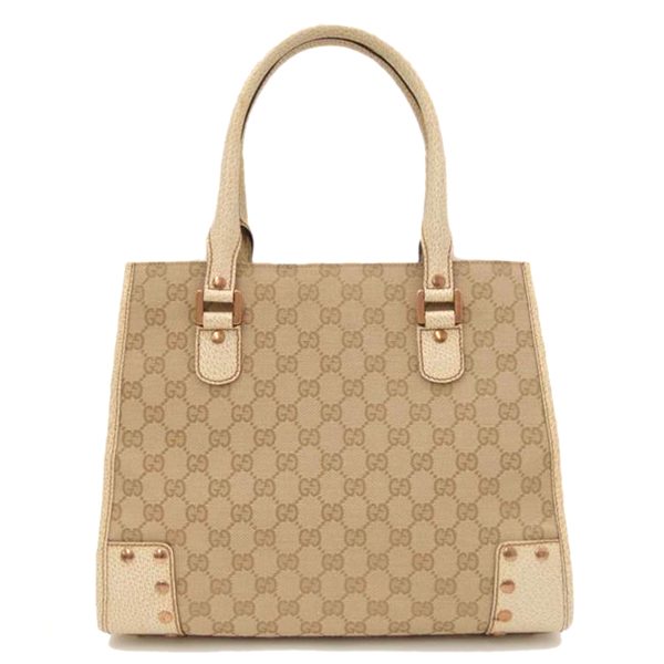 69778 1 Gucci GG Canvas Leather Tote Bag Beige Ivory