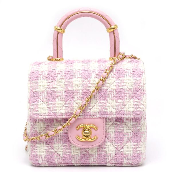 6h0052 1 CHANEL mini flap bag tweed top handle handbag chain shoulder Bag white x pink